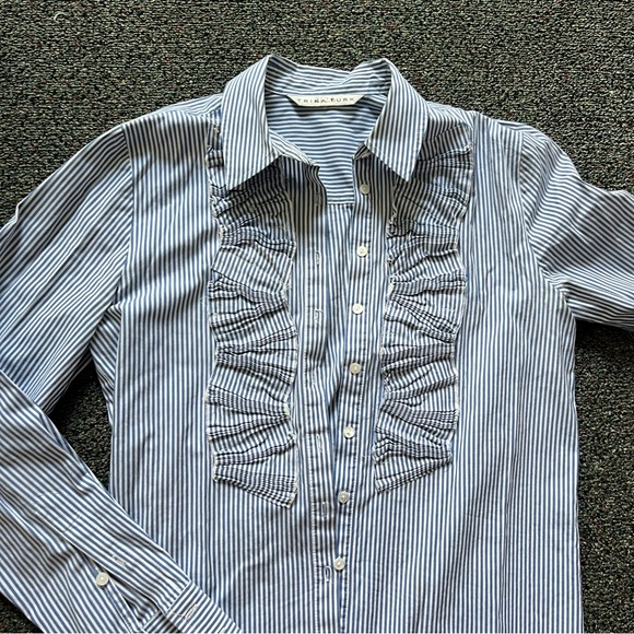 TRINA TURK Blue & White Striped Seersucker Button Down Top Shirt Ruffle Detail S - Picture 8 of 16
